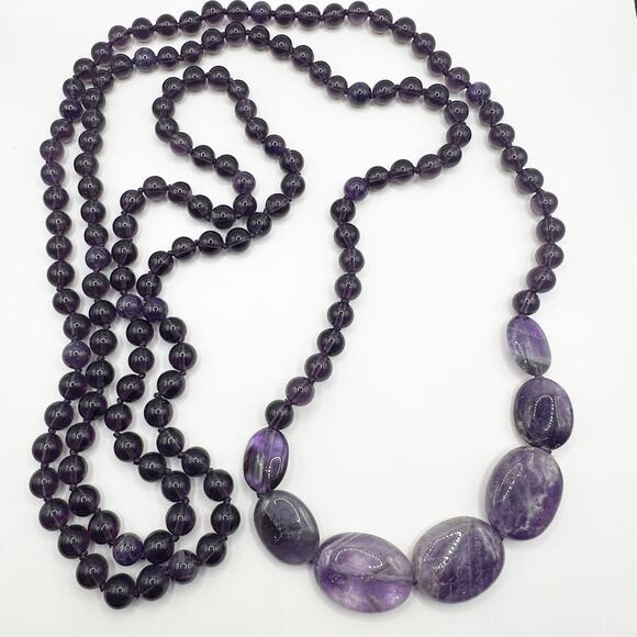 Purple Amethyst Beaded Necklace Very Long Round Beads Flat Stone Unique - Picture 12 of 12